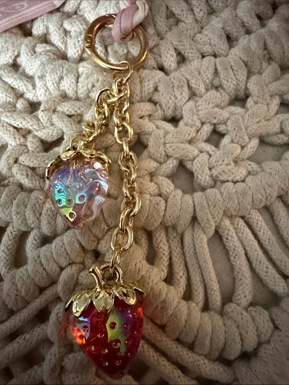 Pink and Cream Braided Bow Keychain with Strawberry Charms